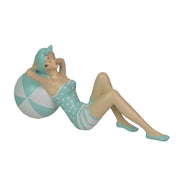 Retro Bathing Beauty Figurine, 12 Inch Teal Swimsuit on Beachball Image 1