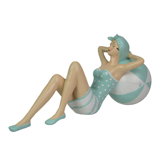 Vintage-Inspired Bathing Beauty - Elegant Lady Relaxing on Beachball in Polka Dot Swimsuit Resin Figurine - Nostalgic Coastal