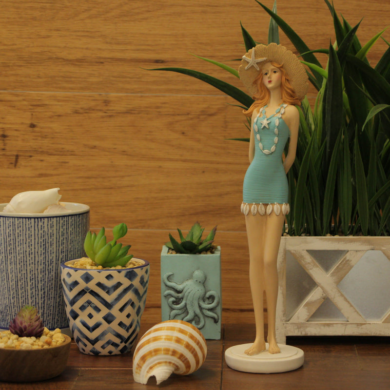 Bathing Beauty Figurine, 14 Inch Redhead in Teal Retro Swimsuit Image 4