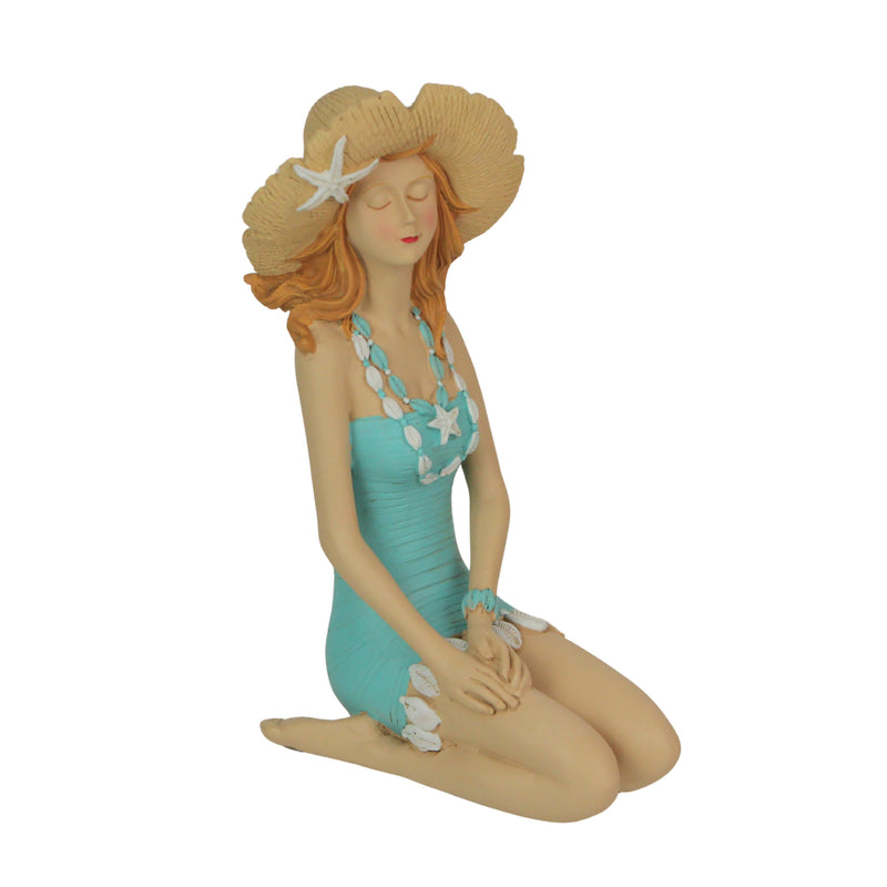 Bathing Beauty Figurine, 8 Inch Redhead in Straw Hat and Teal Swimsuit Image 1
