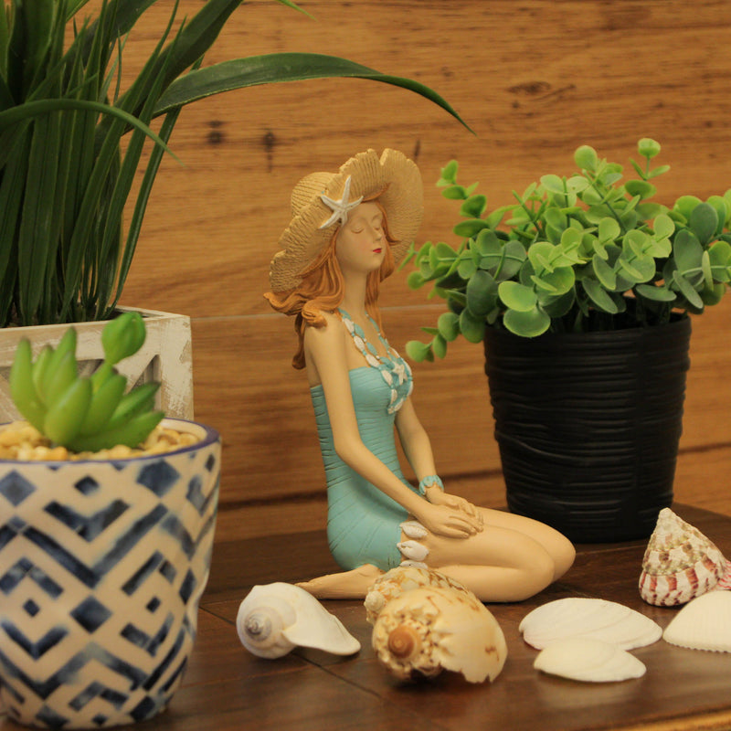 Bathing Beauty Figurine, 8 Inch Redhead in Straw Hat and Teal Swimsuit Image 5