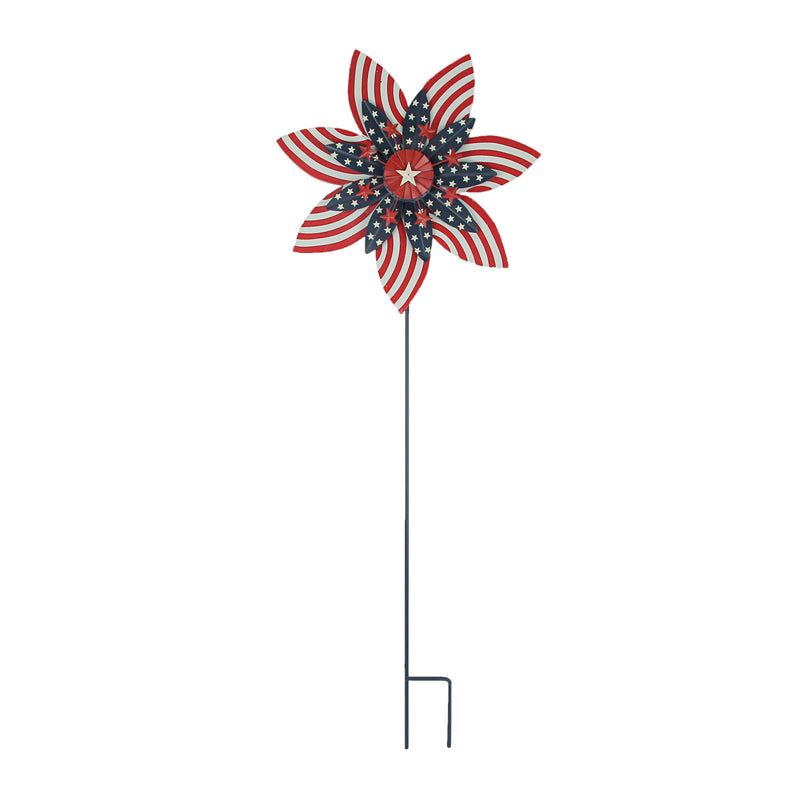 Stars & Stripes Red White Blue Metal Kinetic Wind Spinner Patriotic Garden Stake  - American Flag Themed Outdoor Flowerbed,