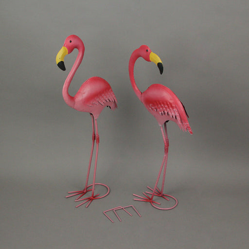 Pair of Exquisite Handcrafted Metal Pink Flamingo Statues, 18 and 20 Inches Tall, with Ground Anchors - Coastal and Tropical