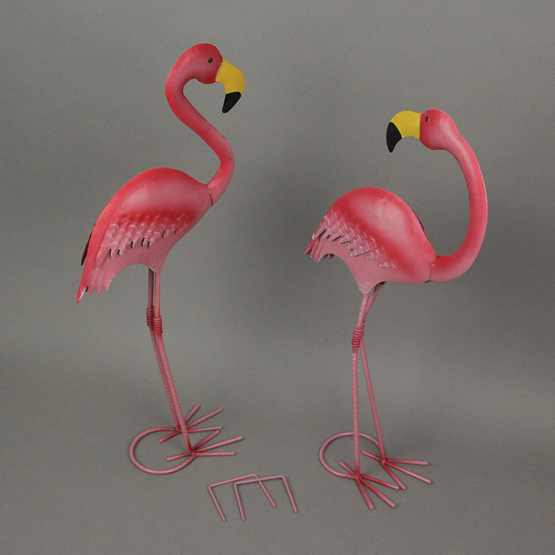 Pair of Exquisite Handcrafted Metal Pink Flamingo Statues, 18 and 20 Inches Tall, with Ground Anchors - Coastal and Tropical