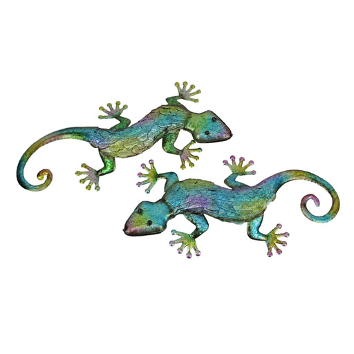 Pair of Vibrant 19.25-Inch Long Multicolor Stamped Metal Gecko Lizard Wall Décor Sculptures - For Indoor/Outdoor Artistry and