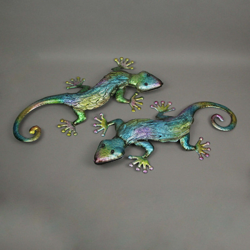 Pair of Vibrant 19.25-Inch Long Multicolor Stamped Metal Gecko Lizard Wall Décor Sculptures - For Indoor/Outdoor Artistry and