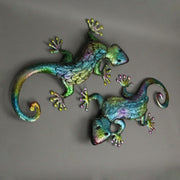 Pair of Vibrant 19.25-Inch Long Multicolor Stamped Metal Gecko Lizard Wall Décor Sculptures - For Indoor/Outdoor Artistry and