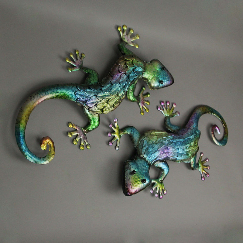 Pair of Vibrant 19.25-Inch Long Multicolor Stamped Metal Gecko Lizard Wall Décor Sculptures - For Indoor/Outdoor Artistry and