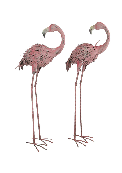 Elegant 34-Inch Tall Handcrafted Metal Pink Flamingo Yard Statues - Graceful Outdoor Decorative Pair with Elongated Necks and