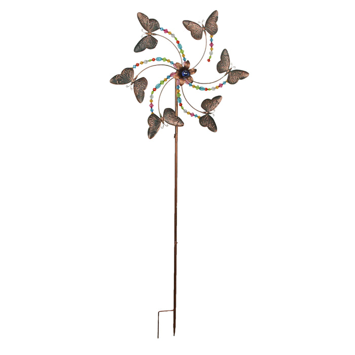 Antique Copper Finish Beaded Pinwheel Wind Spinner Garden Stake - 25-Inch Diameter - Whimsical Outdoor Decor - Simple