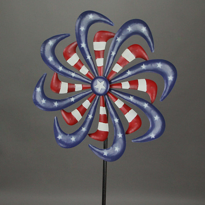 Stunning 63-Inch High Red, White & Blue Stars and Stripes Metal Pinwheel Wind Spinner - A Mesmerizing Outdoor Decor to