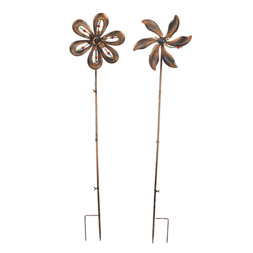 Stunning Set of 2 Antique Copper Finish 12 Inch Diameter Flower Pinwheel Wind Spinners Adorned with Wired Faceted Beads -