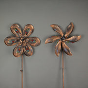 Stunning Set of 2 Antique Copper Finish 12 Inch Diameter Flower Pinwheel Wind Spinners Adorned with Wired Faceted Beads -