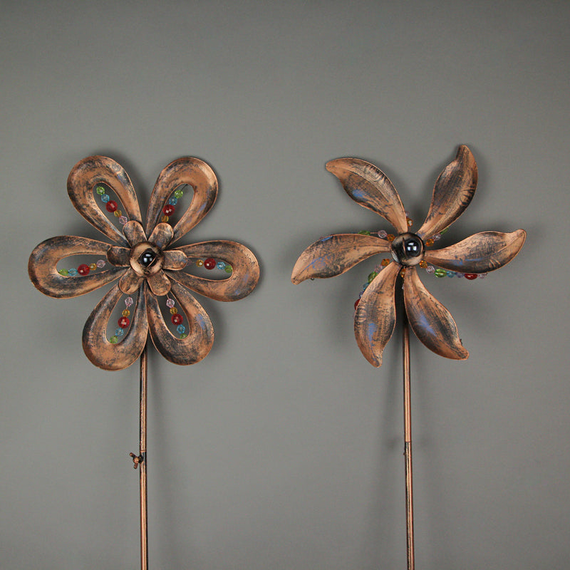 Stunning Set of 2 Antique Copper Finish 12 Inch Diameter Flower Pinwheel Wind Spinners Adorned with Wired Faceted Beads -