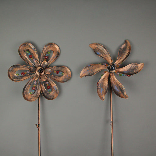 Stunning Set of 2 Antique Copper Finish 12 Inch Diameter Flower Pinwheel Wind Spinners Adorned with Wired Faceted Beads -