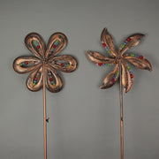Stunning Set of 2 Antique Copper Finish 12 Inch Diameter Flower Pinwheel Wind Spinners Adorned with Wired Faceted Beads -