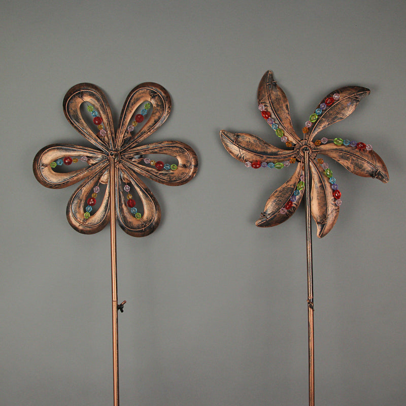 Stunning Set of 2 Antique Copper Finish 12 Inch Diameter Flower Pinwheel Wind Spinners Adorned with Wired Faceted Beads -
