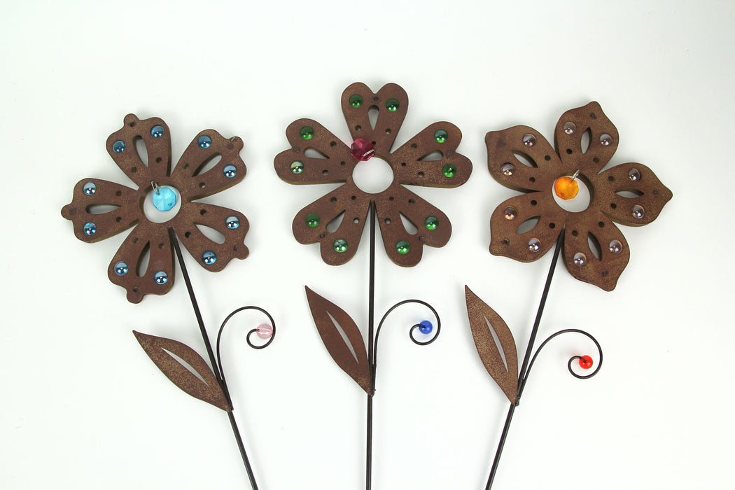 Set of 3 Rustic Brown Metal Flower Garden Stakes With Colorful Jewel Accents 18 Inches High Image 3