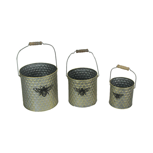 Set of 3 Galvanized Grey Metal Honeycomb Textured and Bumblebee-Themed Nesting Buckets for Stylish Nature-Themed Decor in