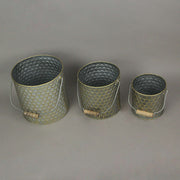 Set of 3 Galvanized Grey Metal Honeycomb Textured and Bumblebee-Themed Nesting Buckets for Stylish Nature-Themed Decor in