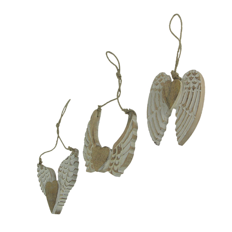 Set of 3 Rustic Wood Angel Wings Heart Sculptures with White Painted Finish and Twine Hanging - Each 5 Inches High - Timeless