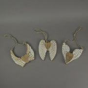 Set of 3 Rustic Wood Angel Wings Heart Sculptures with White Painted Finish and Twine Hanging - Each 5 Inches High - Timeless