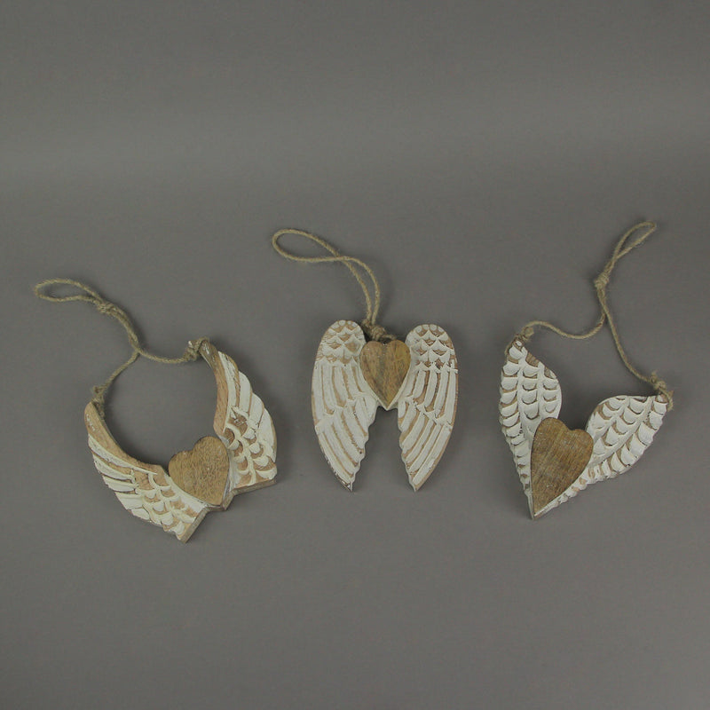 Set of 3 Rustic Wood Angel Wings Heart Sculptures with White Painted Finish and Twine Hanging - Each 5 Inches High - Timeless