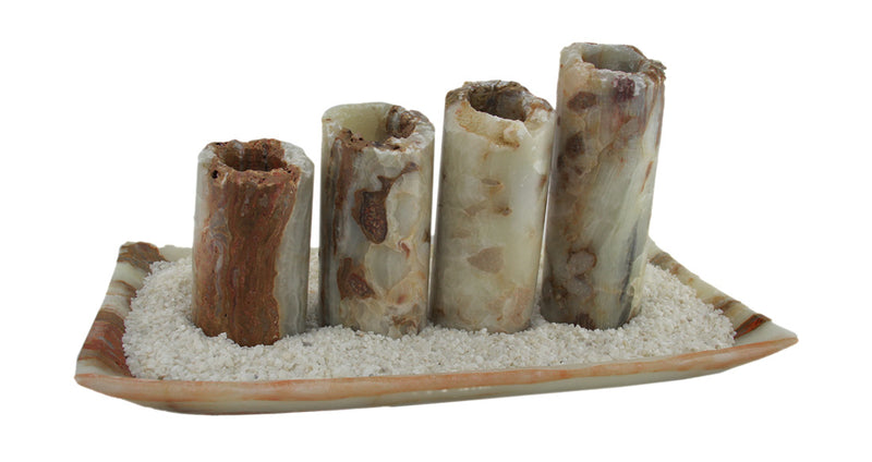 Red and White Marble Artisan Hand Crafted 5 Piece Marble Candle and Tray Set Image 1