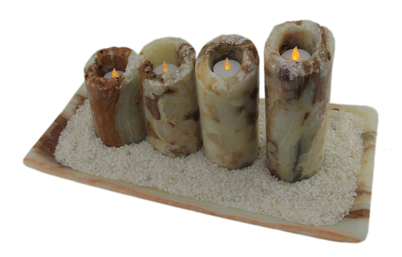 Red and White Marble Artisan Hand Crafted 5 Piece Marble Candle and Tray Set Image 2