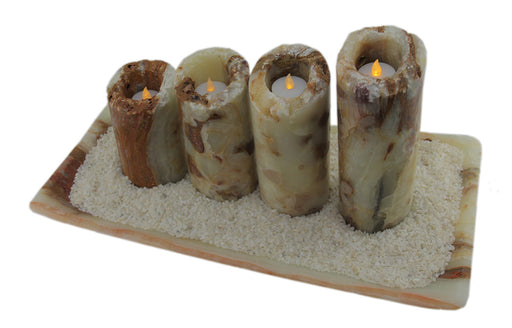 Red and White Marble Artisan Hand Crafted 5 Piece Marble Candle and Tray Set Image 2