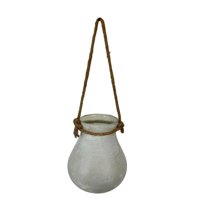 White - Image 1 - Hanging Glass Candle Lantern, 18 Inch Frosted White with Rope Handle