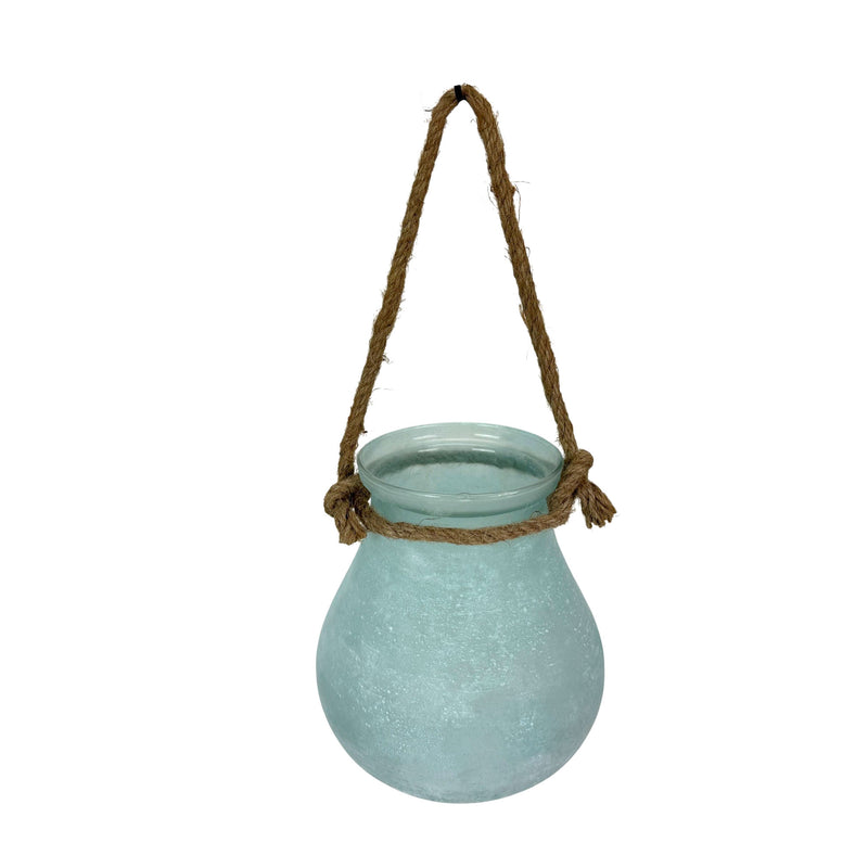 Blue - Image 1 - Hanging Glass Candle Lantern, 15 Inch Frosted Blue with Rope Handle