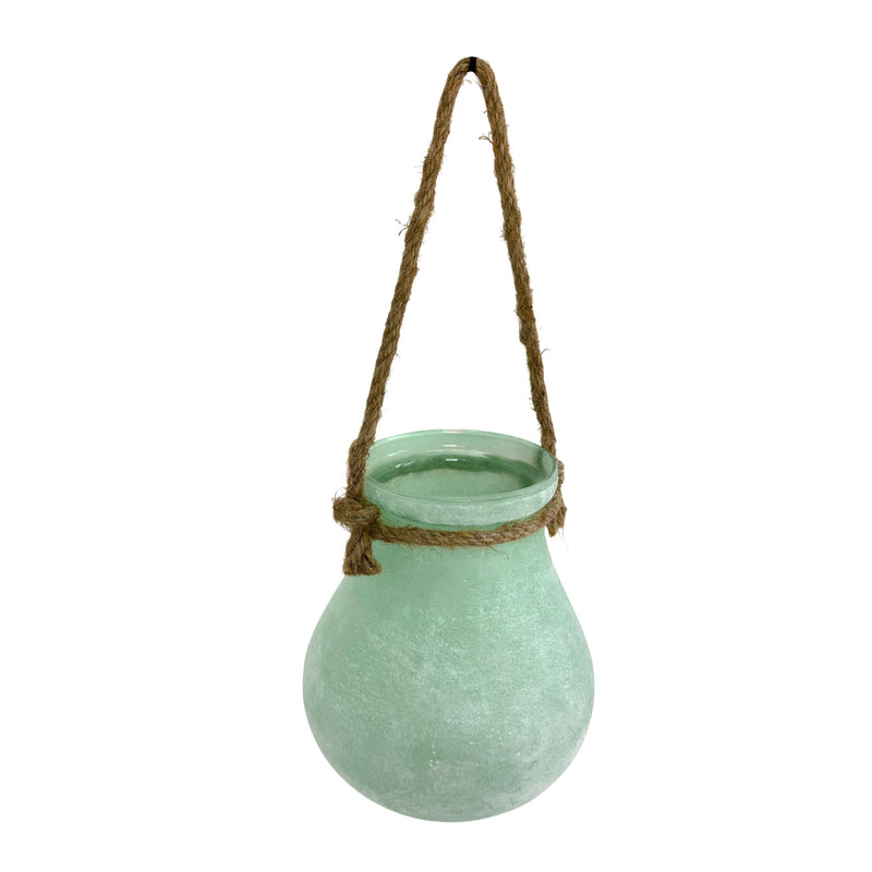 Green - Image 2 - Hanging Glass Candle Lantern, 16 Inch Frosted Green with Rope Handle