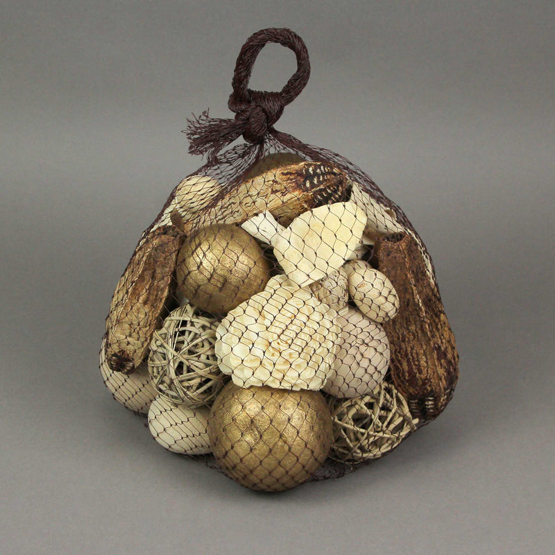 Bag of Metallic Gold, Natural White, and Light Brown Dried Botanical Decorative Balls and Filler for Stunning Home