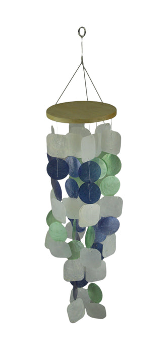 Coastal Blue, Green, and White Capiz Shell Hanging Wind Chime for Coastal Garden, Patio, and Yard Decor - Simple to Hang - 26