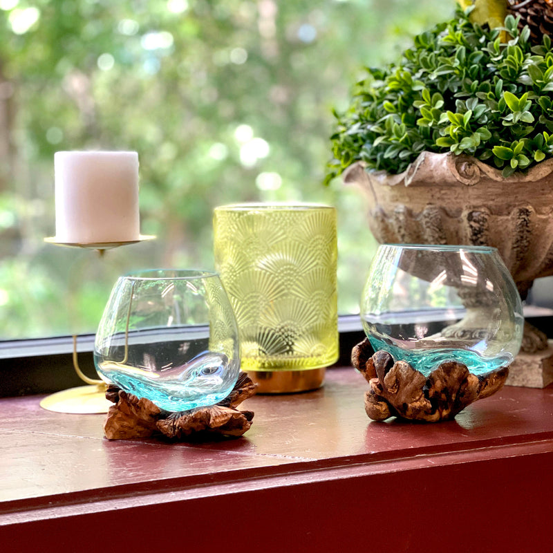 Set of 2 Blown Molten Glass and Burl Wood Decorative Bowls, Vases, and Terrariums, Each Unique Piece a Celebration of