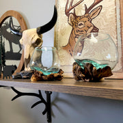 Set of 2 Blown Molten Glass and Burl Wood Decorative Bowls, Vases, and Terrariums, Each Unique Piece a Celebration of