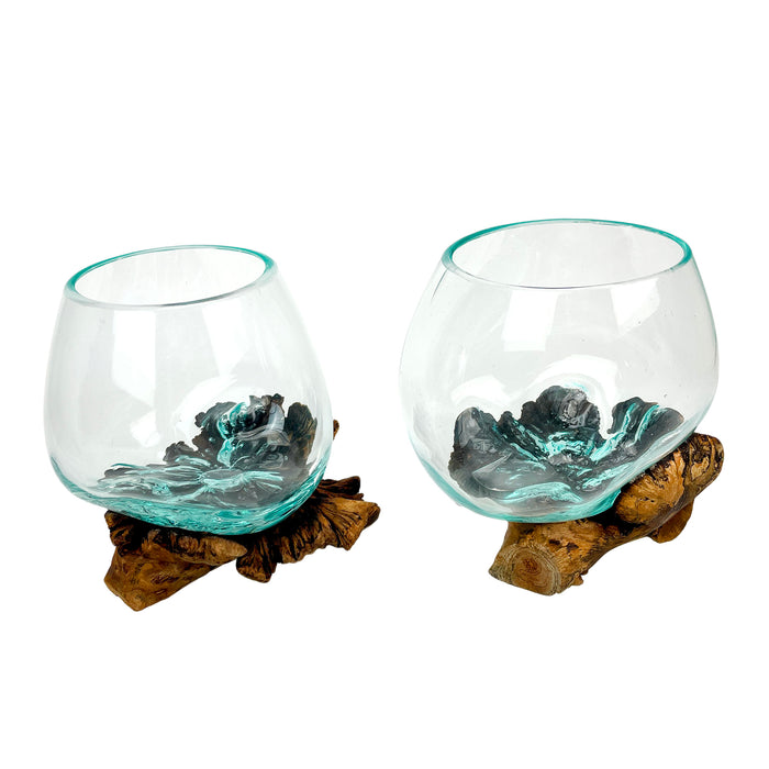 Set of 2 Blown Molten Glass and Burl Wood Decorative Bowls, Vases, and Terrariums, Each Unique Piece a Celebration of