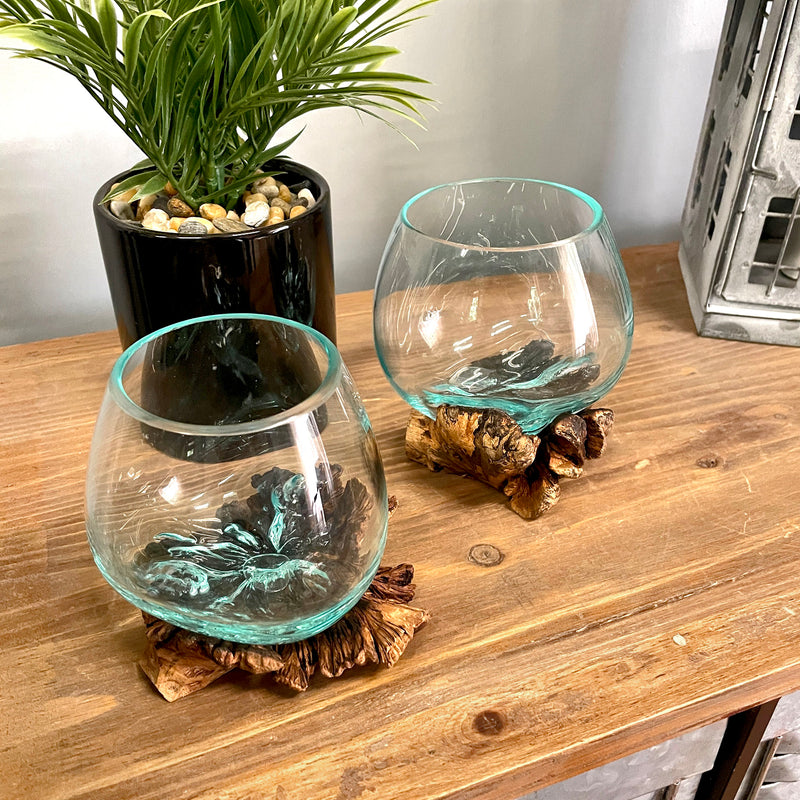Set of 2 Blown Molten Glass and Burl Wood Decorative Bowls, Vases, and Terrariums, Each Unique Piece a Celebration of