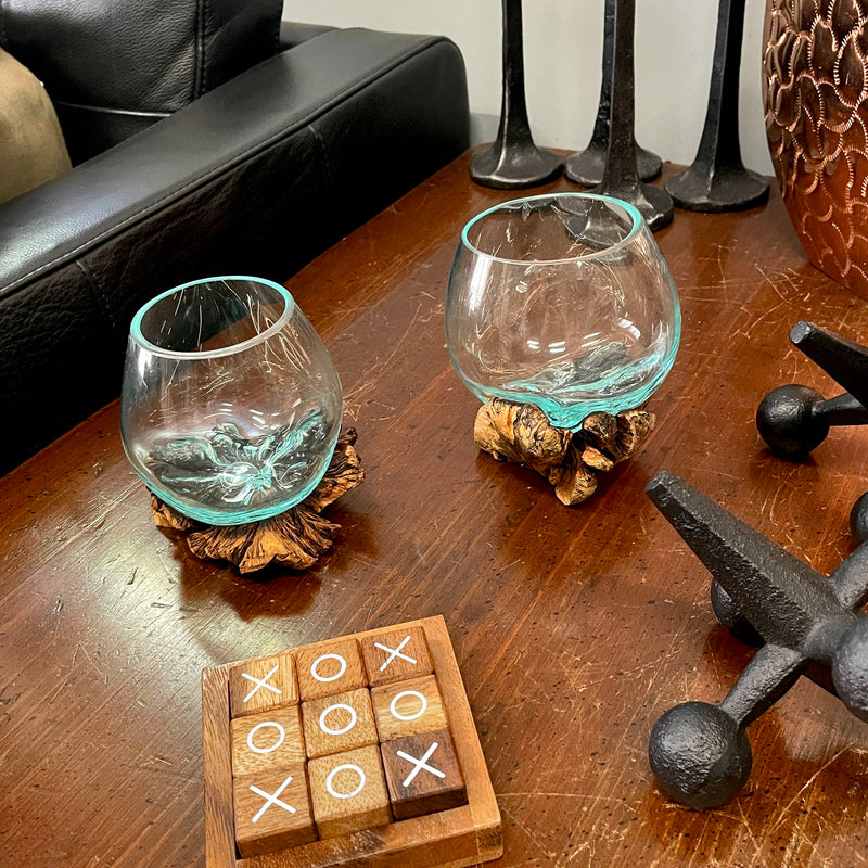 Set of 2 Blown Molten Glass and Burl Wood Decorative Bowls, Vases, and Terrariums, Each Unique Piece a Celebration of