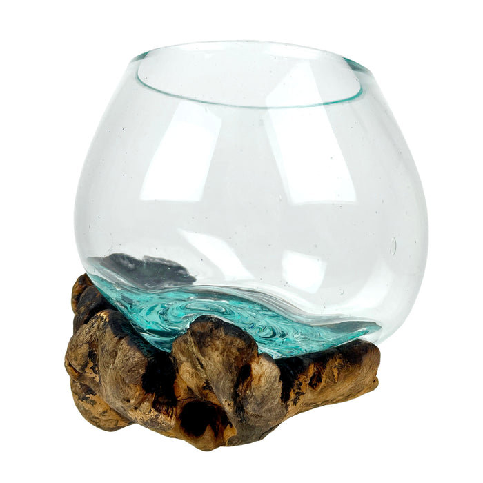 Melted Glass on Gamal Root Wood Decorative Bowl, Vase, and Terrarium Planter - Approximately 5 Inches High - Nature-Inspired