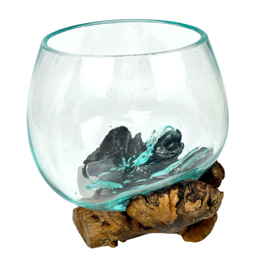 Melted Glass on Gamal Root Wood Decorative Bowl, Vase, and Terrarium Planter - Approximately 5 Inches High - Nature-Inspired
