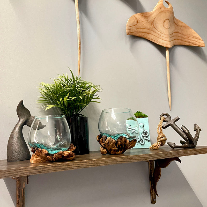 Melted Glass on Gamal Root Wood Decorative Bowl, Vase, and Terrarium Planter - Approximately 5 Inches High - Nature-Inspired