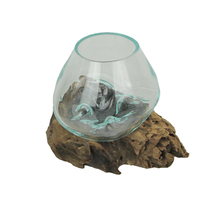 Melted Glass on Teak Driftwood Decorative Bowl, Vase, and Terrarium Planter - Approximately 5.75 Inches High -