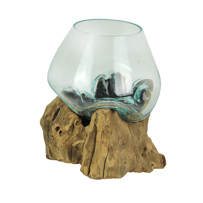 Handcrafted Melted Glass and Teak Driftwood Centerpiece Bowl / Sculpture- Unique 7-Inch Earthy Artistry for Succulents,