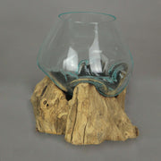 Handcrafted Melted Glass and Teak Driftwood Centerpiece Bowl / Sculpture- Unique 7-Inch Earthy Artistry for Succulents,