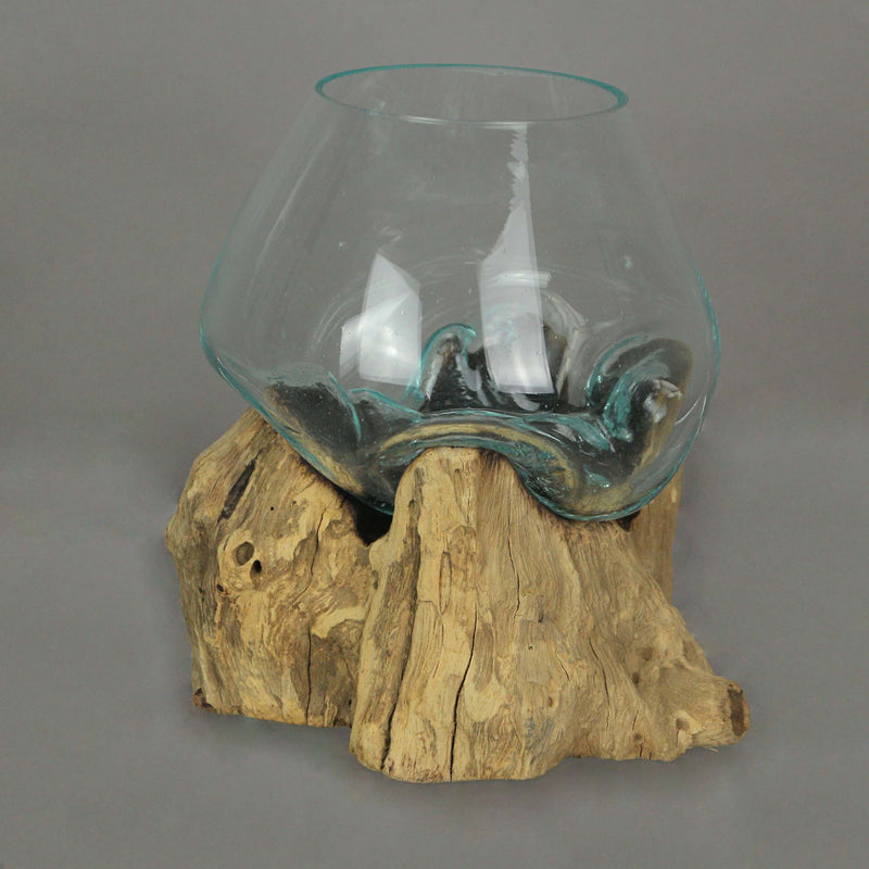Handcrafted Melted Glass and Teak Driftwood Centerpiece Bowl / Sculpture- Unique 7-Inch Earthy Artistry for Succulents,