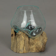 Handcrafted Melted Glass and Teak Driftwood Centerpiece Bowl / Sculpture- Unique 7-Inch Earthy Artistry for Succulents,