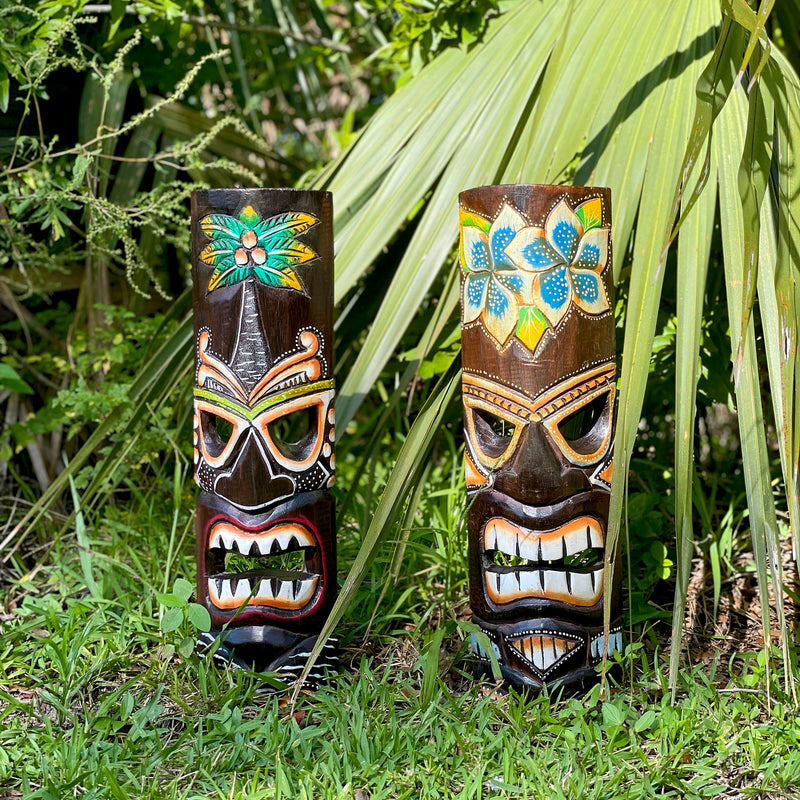 Set of 2 Tiki Wall Masks, 20 Inch Wood Palm and Plumeria Designs Image 11