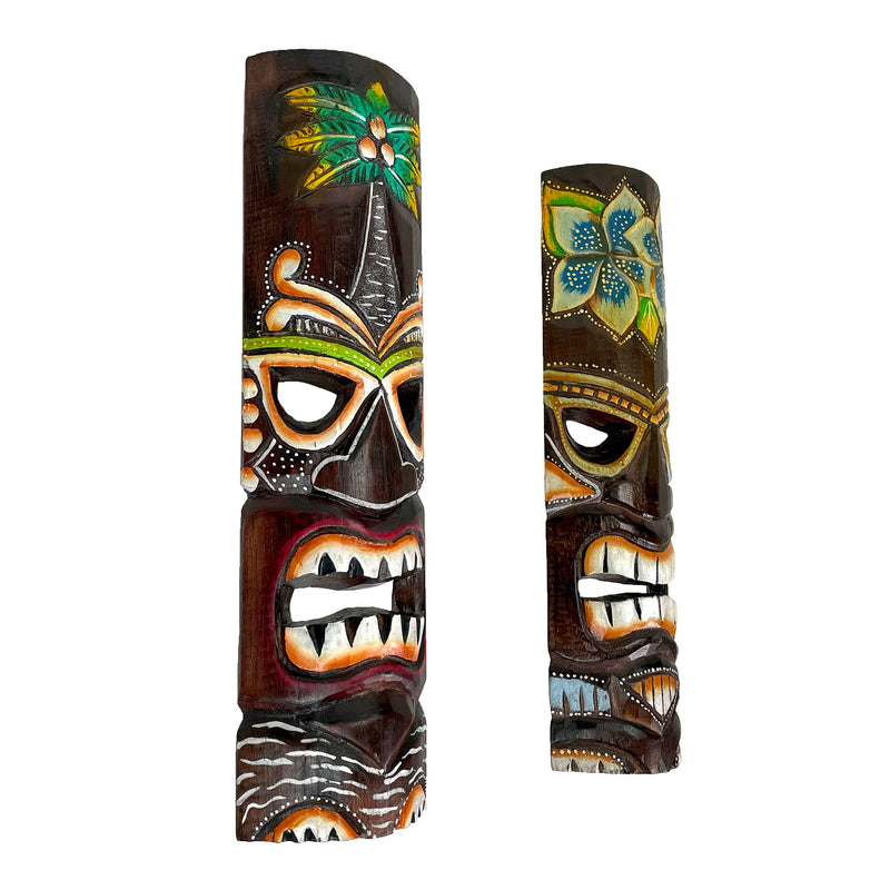 Set of 2 Tiki Wall Masks, 20 Inch Wood Palm and Plumeria Designs Image 2
